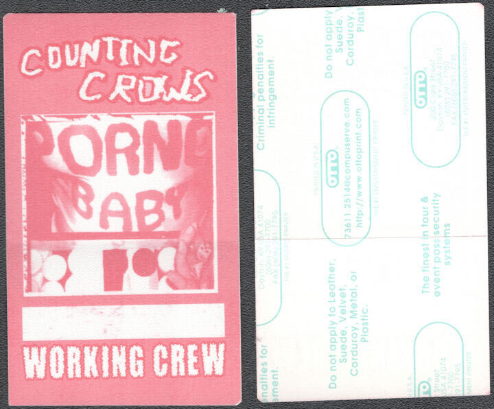 Rare Counting Crows Otto Cloth Working Crew Pass From The 2002 Porno Baby Tour.