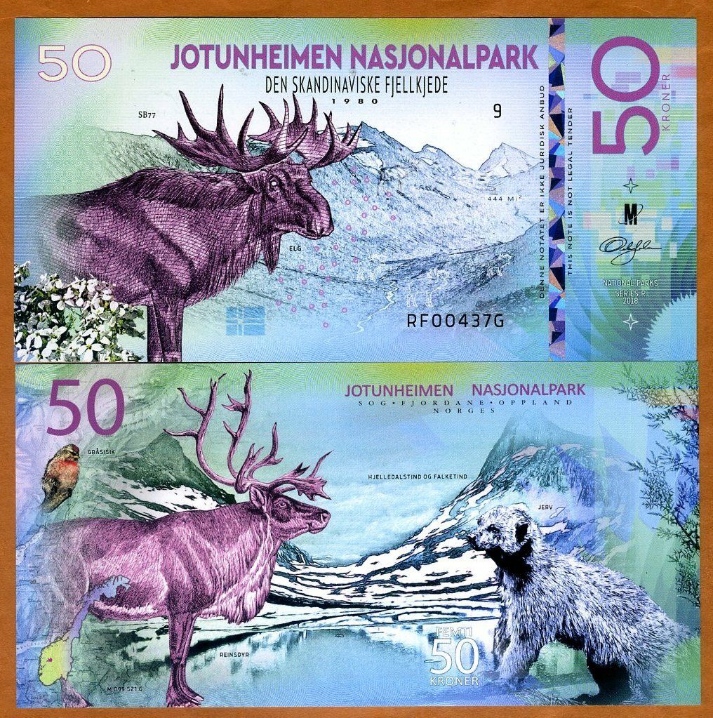 Norway, Jotunheimen National Park, 50 Kroner, Polymer, 2018 > Elk, Wolverine
