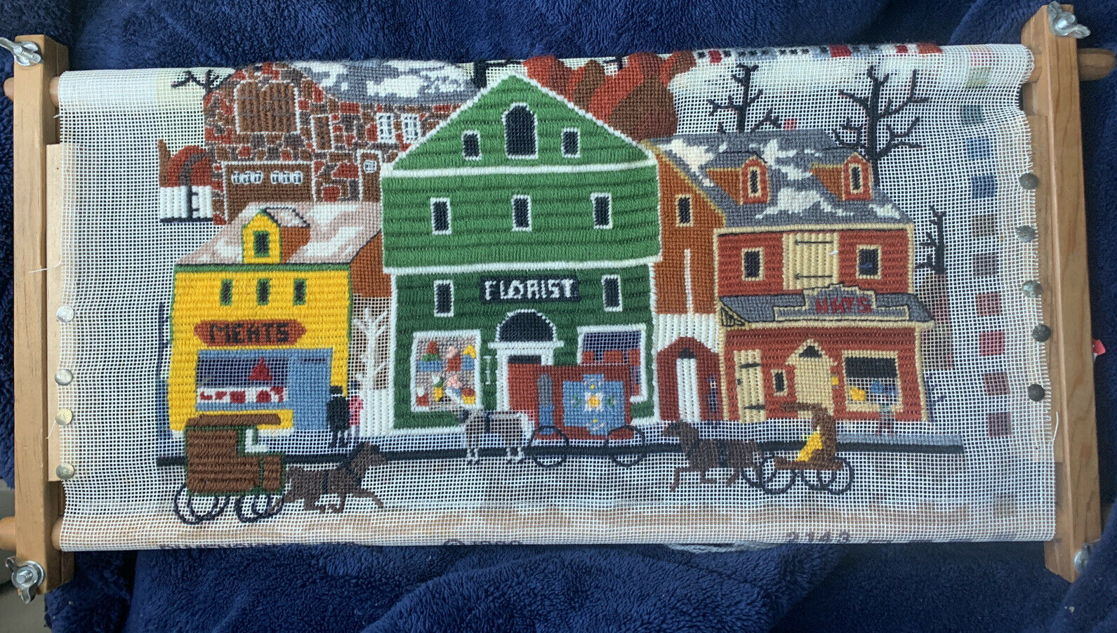 Vintage Framed Needlepoint 1980 Dimensions In Stretcher  Main Street #2143