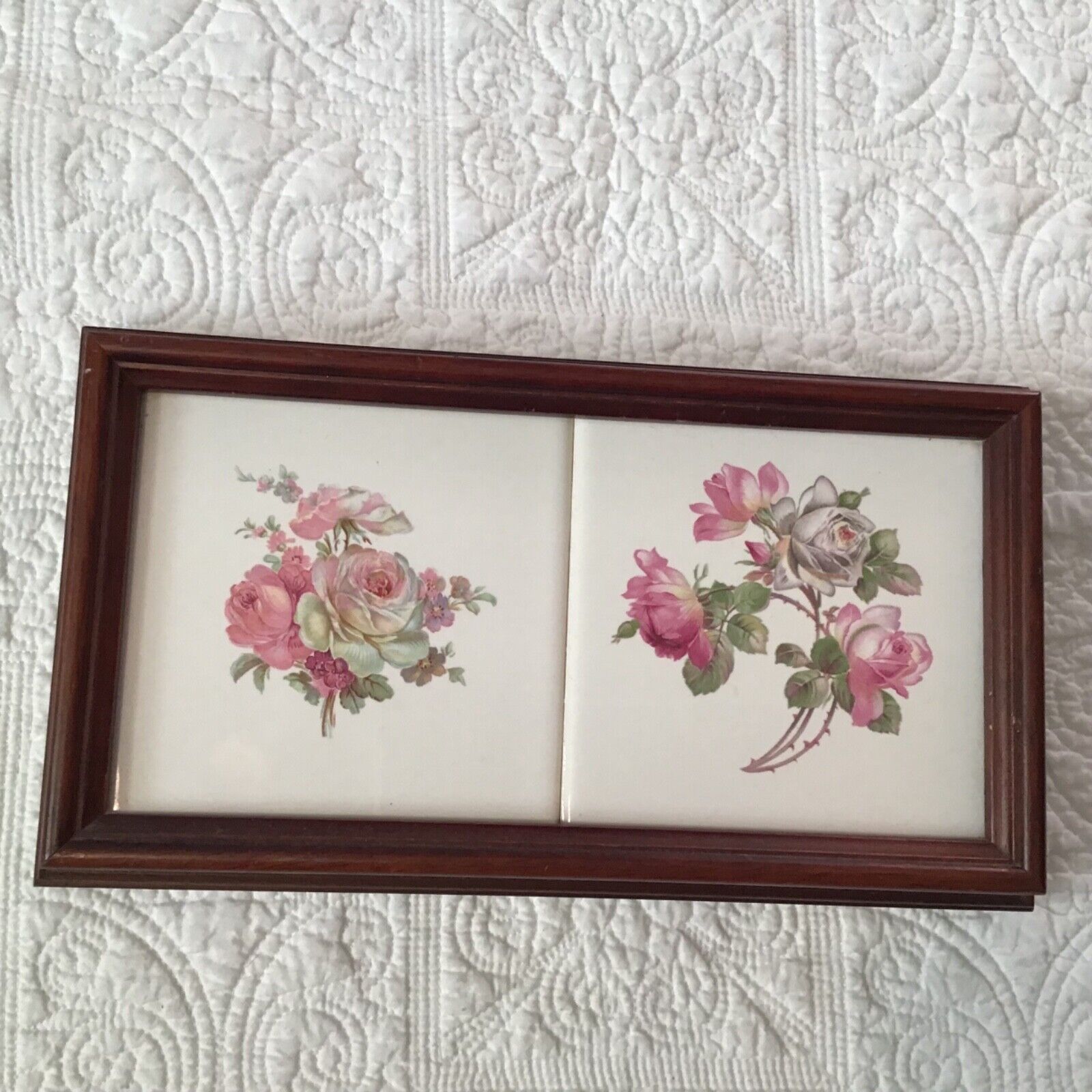 Vintage Wooden Framed Wall Hanging 2 White Tiles With Pink Roses