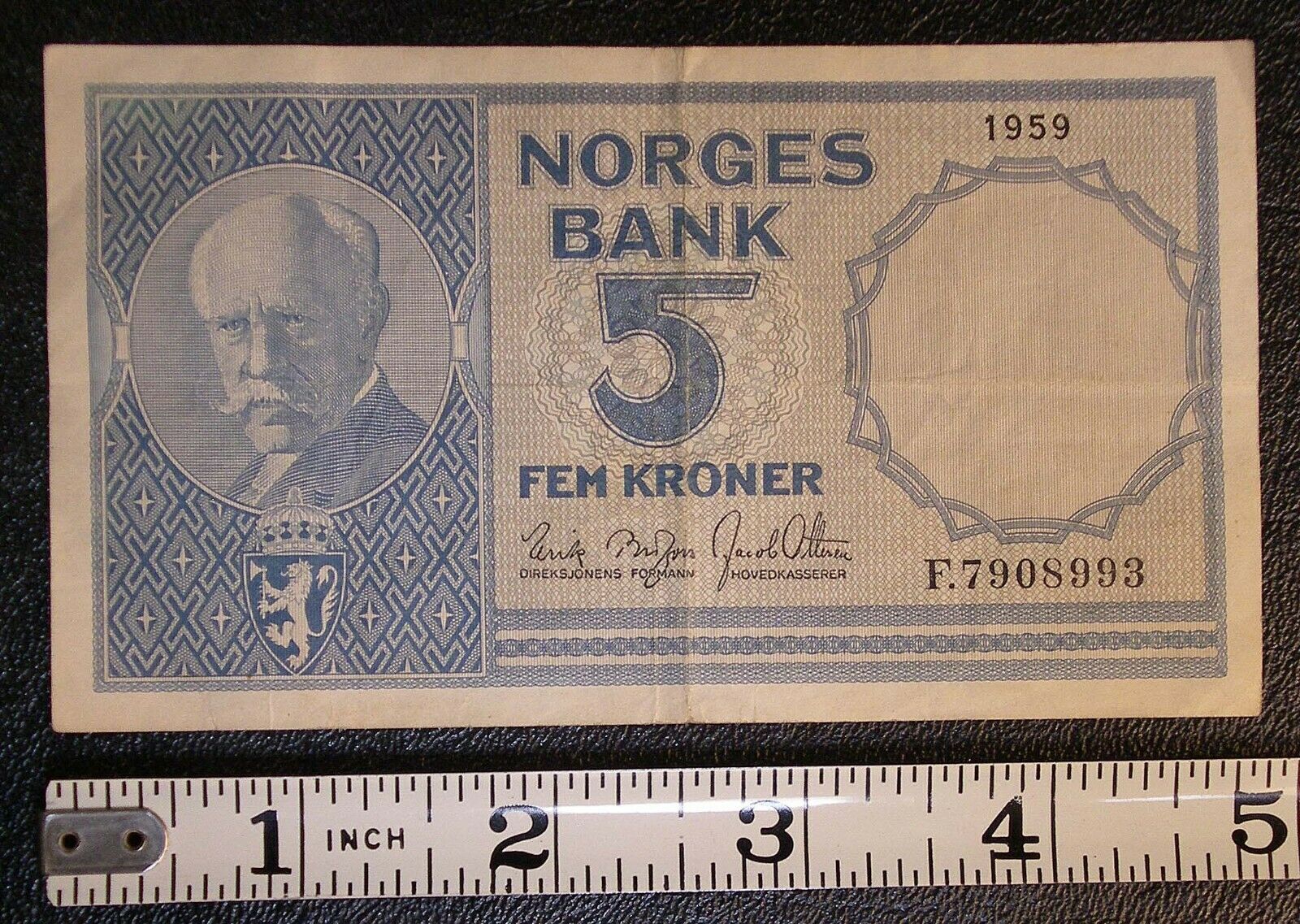 1959 Norway 5 Kroner Banknote P-30e Prefix F Brofoss-ottesen #6568